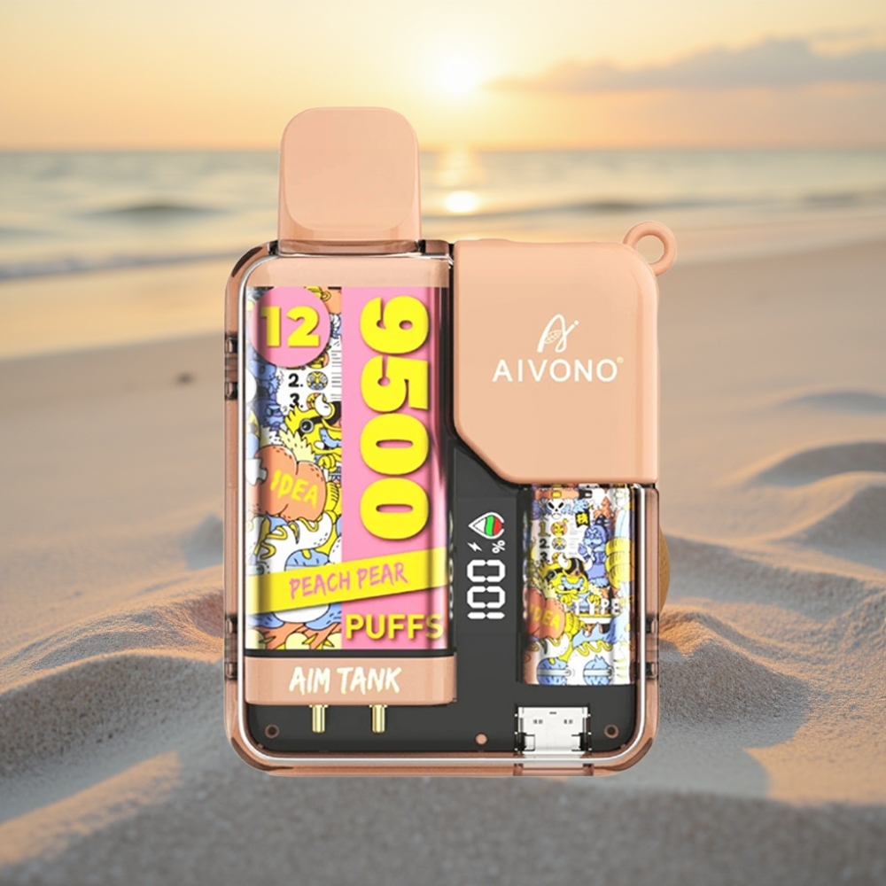 Aivono AIM-TANK 9500 Puffs 18ml 650mAh LCD 0-5% Nikotīns 1.2ohm Mēsles spole Persiku Bumbieru garša