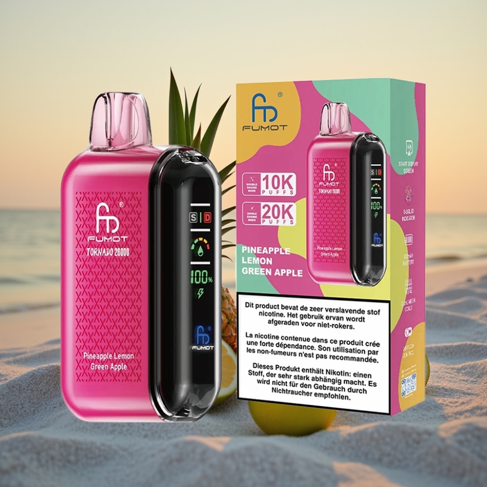 Fumot Tornado 20000 Puffs Vienreizējās lietošanas vape Ananāsu Citronu Zaļā Ābele, Dual Mesh Coil, 20ml, 850mAh, 2% Nicotine