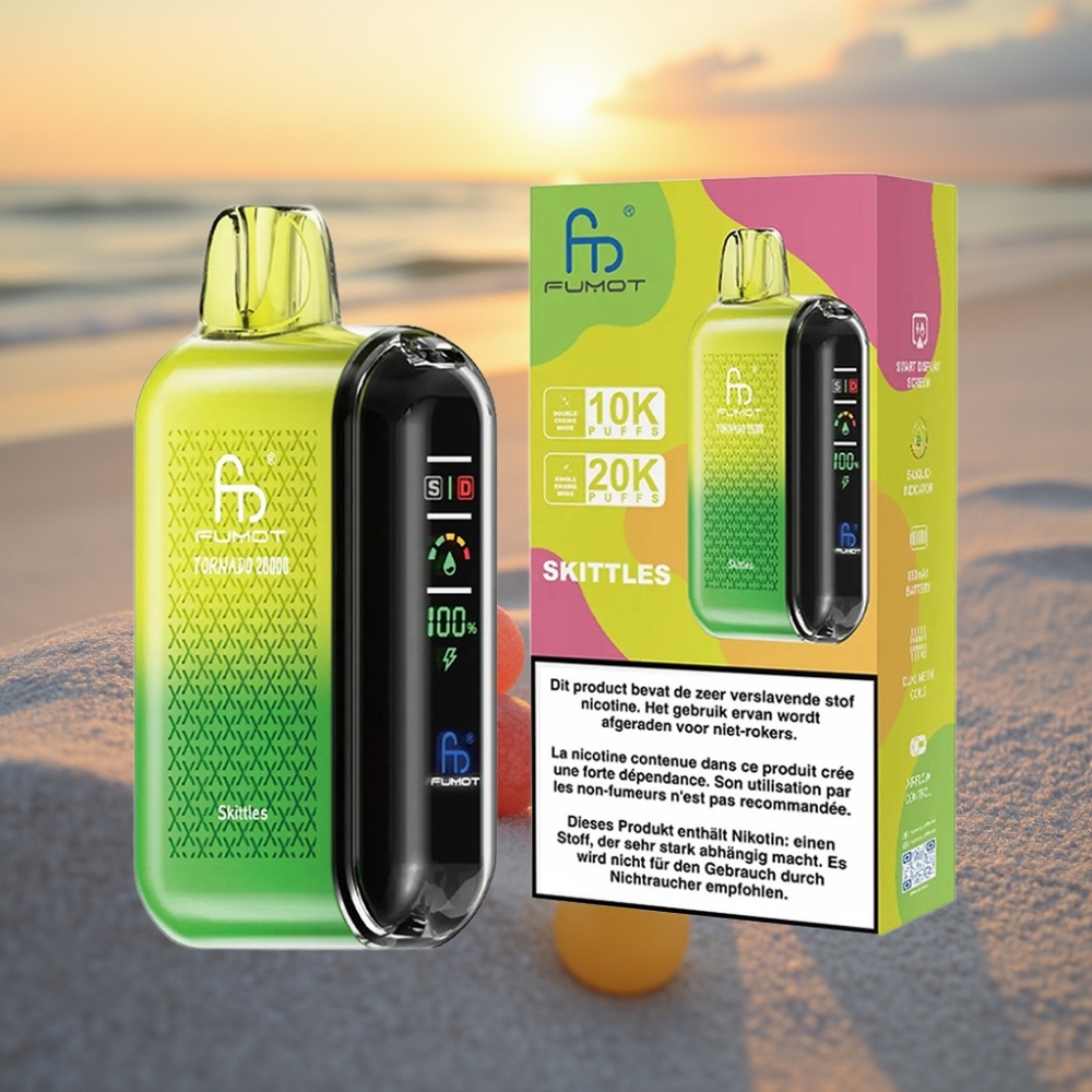 Fumot Tornado 20000 Puffs Vienreizējās lietošanas vape Skittles ar 20ml e-šķidruma, 850mAh bateriju un gaisa plūsmas kontroli