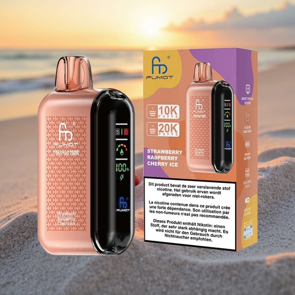 Fumot Tornado 20000 Puffs Vienreizējās lietošanas vape Zemeņu Aveņu Ķiršu Ledus, Dual Mesh Coil, 20ml, 850mAh, Smart Display, Airflow Control