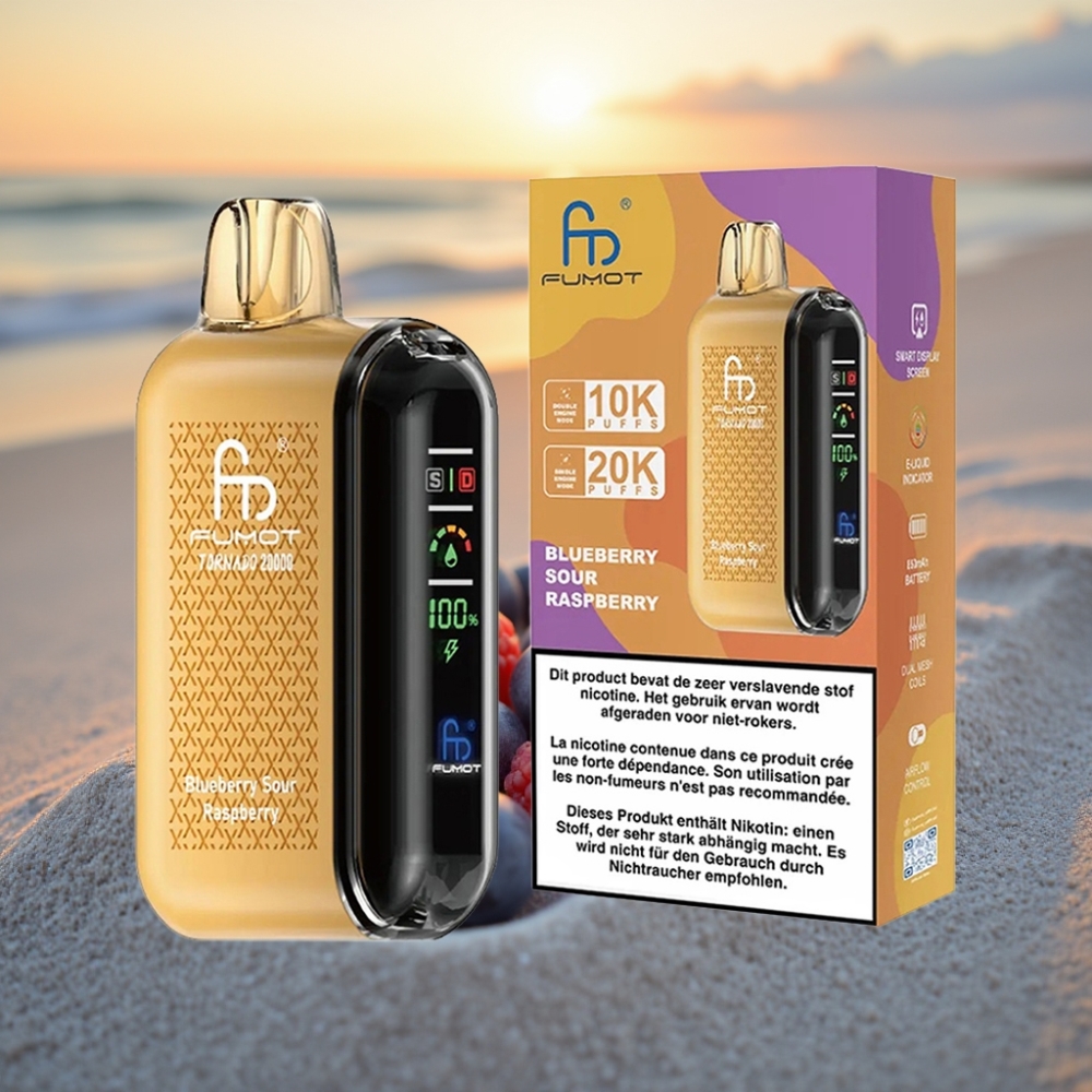 Fumot Tornado 20000 Puffs Vienreizējās lietošanas vape Zilā Melle Skābā Avene, Dual Mesh Coil, 20ml, 850mAh, 2% Nikotīns