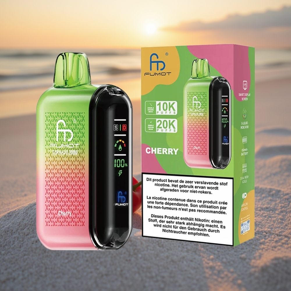Fumot Tornado 20000 Puffs Vienreizējās lietošanas vape Ķiršu, Dual Mesh Coil, 20ml, 850mAh, Smart Display
