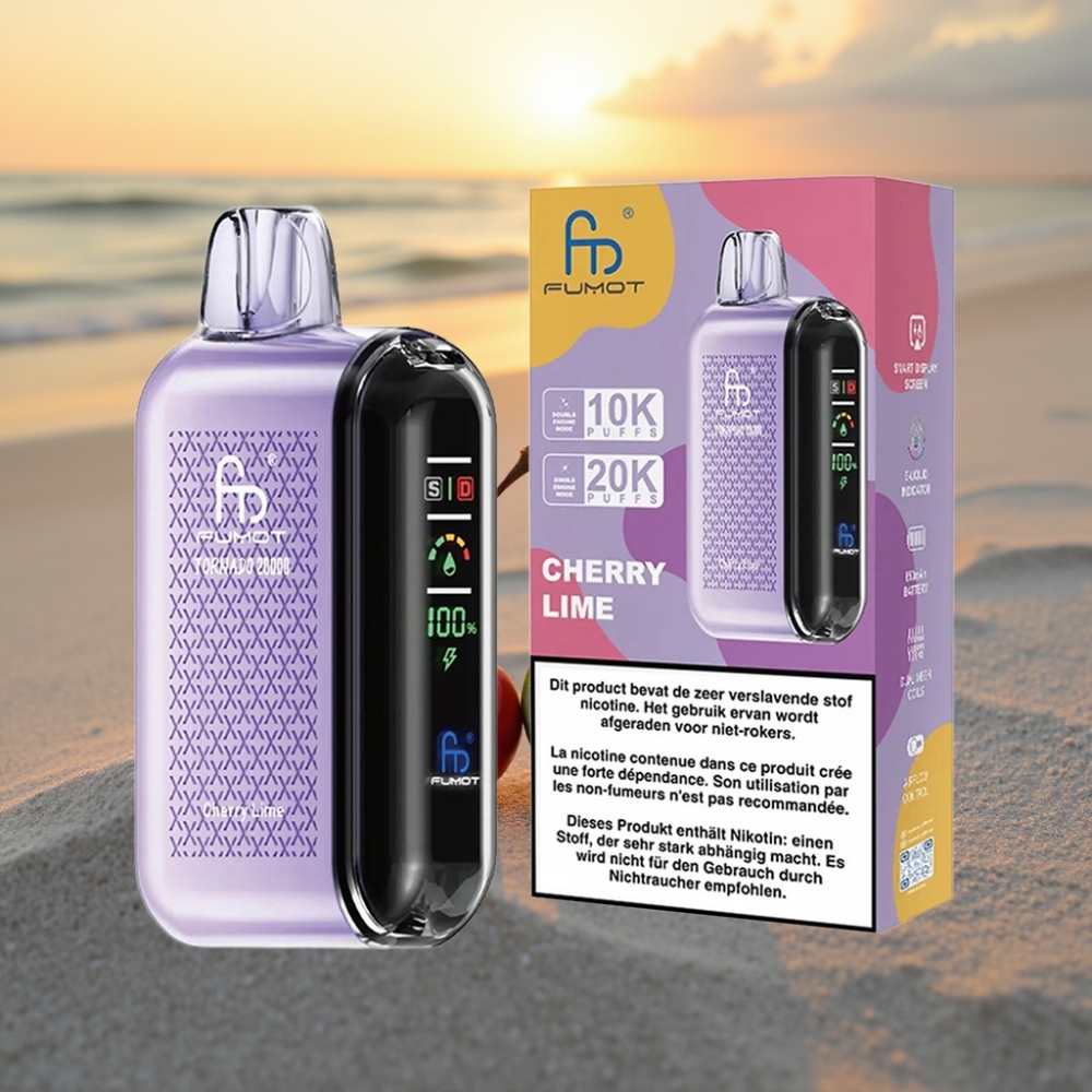 Fumot Tornado 20000 Puffs Vienreizējās lietošanas vape Ķiršu Laima, Dual Mesh Coil, 20ml, 850mAh