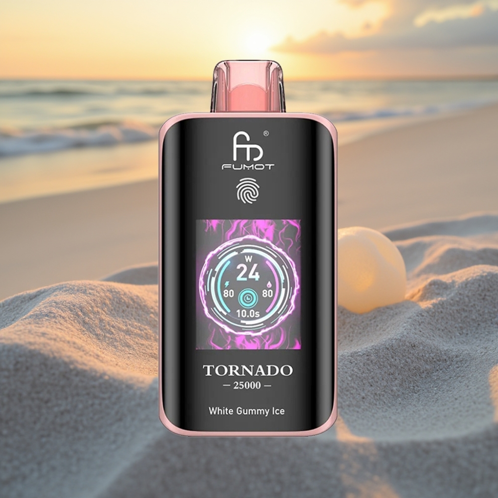 Fumot Tornado 25000 Puffs Vienreizējās lietošanas vape HD ekrāns, 700mAh baterija, 20ml e-šķidrums, 0/2%/3%/5% nikotīns, Type-C, Balta gumijas saldējums