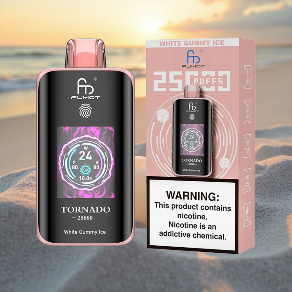 Fumot Tornado 25000 Puffs Vienreizējās lietošanas vape HD ekrāns, 700mAh baterija, 20ml e-šķidrums, 0/2%/3%/5% nikotīns, Type-C, Balta gumijas saldējums