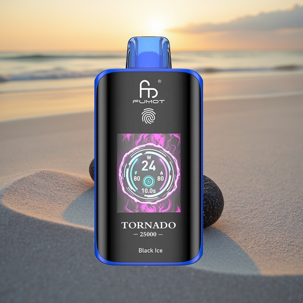 Fumot Tornado 25000 Puffs Vienreizējās lietošanas vape Melnā Ledus, HD ekrāns, 700mAh baterija, 20ml e-šķidrums, Type-C