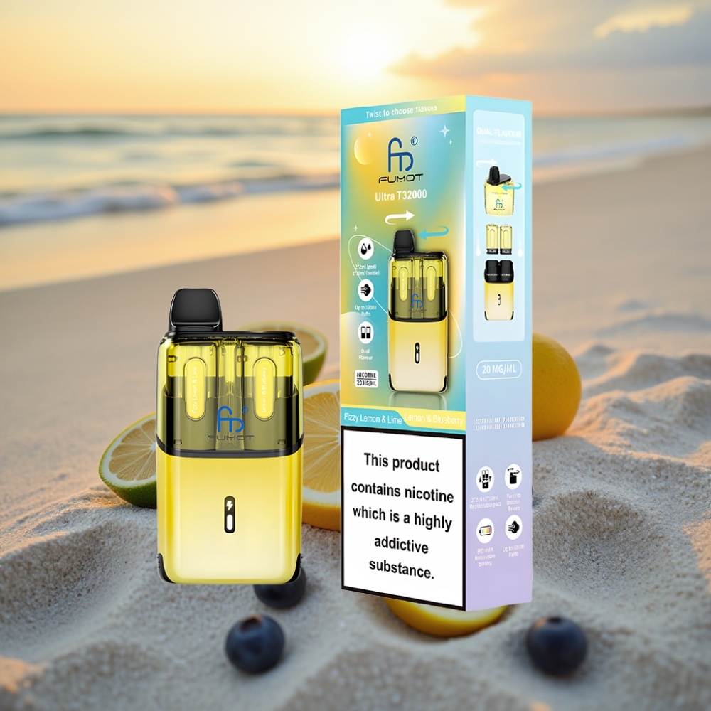 Fumot Ultra T32000 Izmetamā Veipa – Dzirkstošā Citrona & Laiša - Citrons & Zemenes, 32000 piepūšas, 800mAh, 24ml, 20mg, Type-C, Mesh