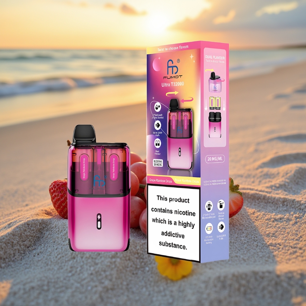 Fumot Ultra T32000 Vienreizējās lietošanas vape 32000 iepūšanas, 800mAh, 24ml, Type-C, 20mg, Advanced Mesh Coil, Vīnogu Zāļu Pilieni - Zemeņu Zāļu Pilieni