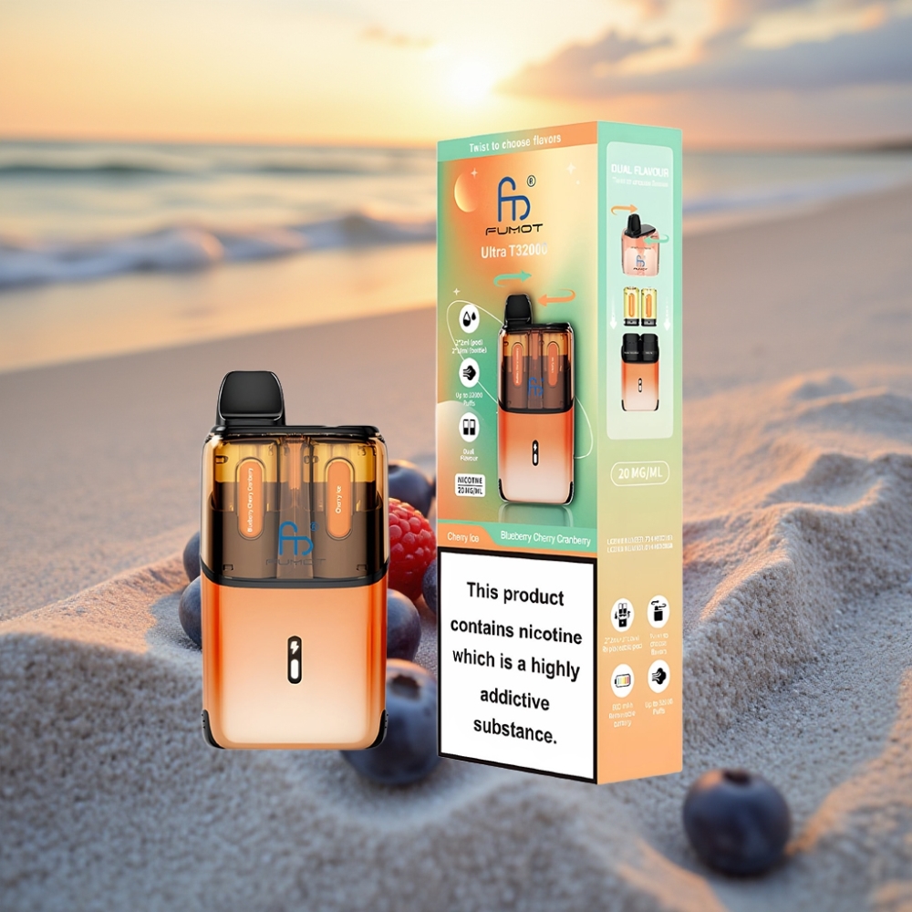 Fumot Ultra T32000 Vienreizējās lietošanas vape 32000 piepūšanas, 800mAh, 24ml, Type-C, 20mg, Advanced Mesh Coil, Zemenes Ķiršu Brūkleņu - Ķiršu Ledus