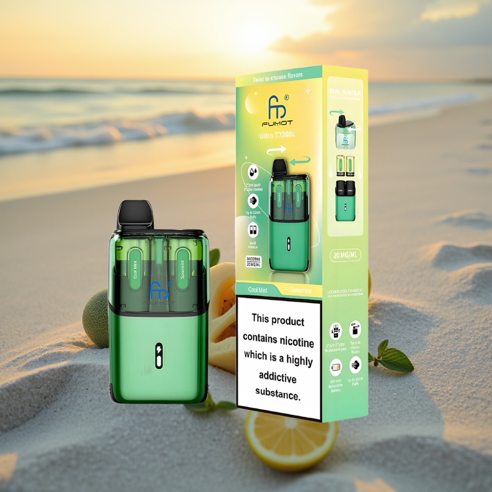 Fumot Ultra T32000 Vienreizējās lietošanas vape Atdz. Piparmētra - Zaļā Piparmētra, 32000 Ivilcieni, 800mAh, 24ml, Type-C, 20mg, Mesh Coil
