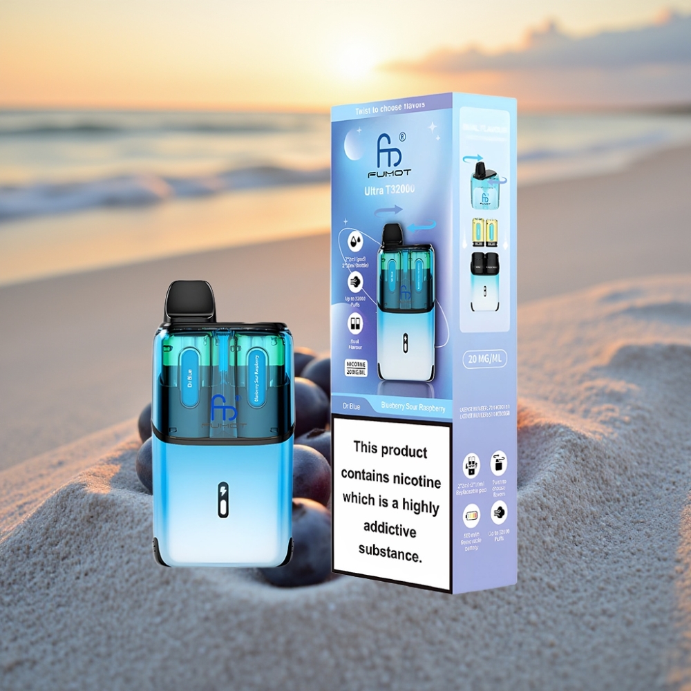 Fumot Ultra T32000 Vienreizējās lietošanas vape Dr Zils – Zilā Ožu Avenes ar 32000 piepūtīm, 800mAh, 24ml, Type-C, 20mg