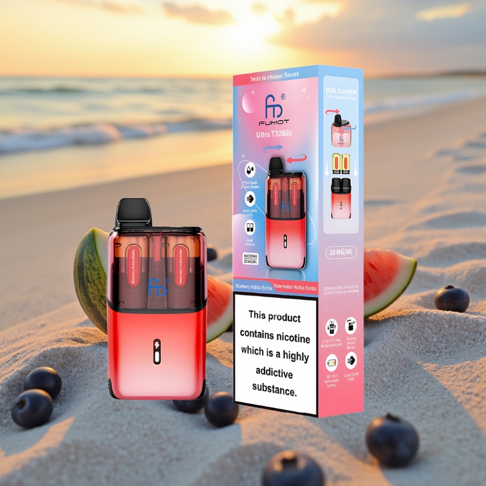 Fumot Ultra T32000 Vienreizējās lietošanas vape Zilā Mellenes Hubba Bubba - Arbūza Hubba Bubba, 32000 Iekšpūšu, 800mAh, 24ml, Type-C, 20mg, Mesh