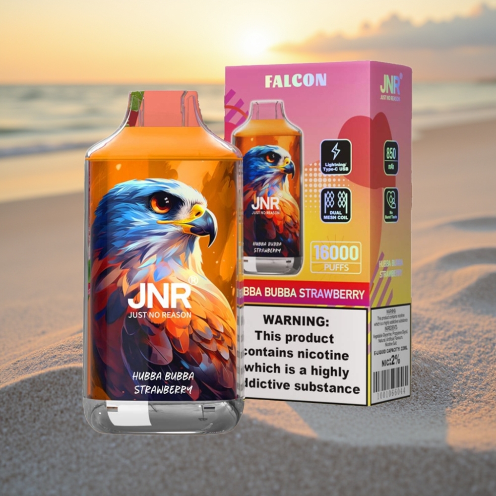 JNR Falcon 16000 Puffs Vienreizējās lietošanas vape Hubba Bubba Zemenes (850mAh, 22ml, Dual Mesh Coil, Type C/Lightning, Smart LED, 0%/2%)