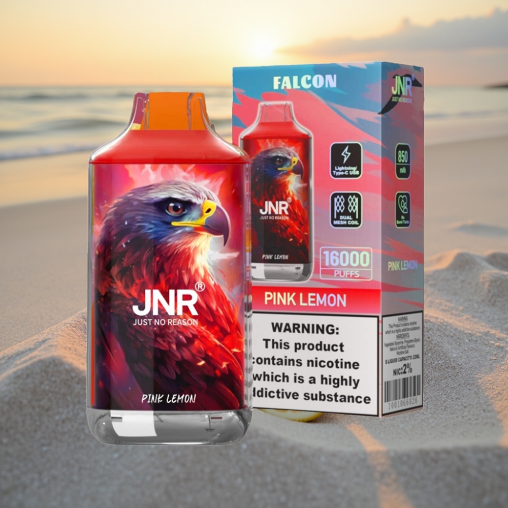 JNR Falcon 16000 Puffs Vienreizējās lietošanas vape Rozā Citrons (850mAh, 22ml, Dual Mesh Coil, Type C/Lightning, LED, 0%/2%)