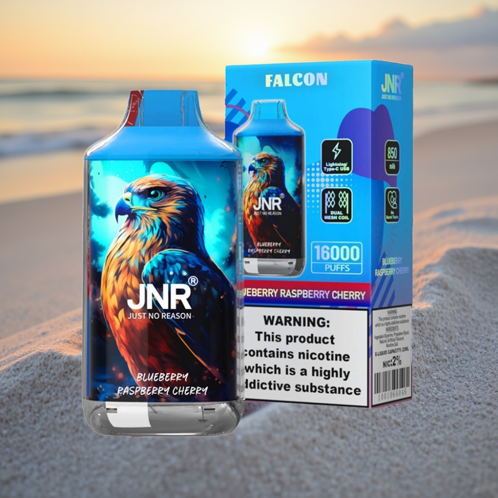 JNR Falcon 16000 Puffs Vienreizējās lietošanas vape Zilā Aveņu Jāņogu Ķiršu, 850mAh, 22ml, Dual Mesh Coil, Type C & Lightning, Smart LED, 0%/2%