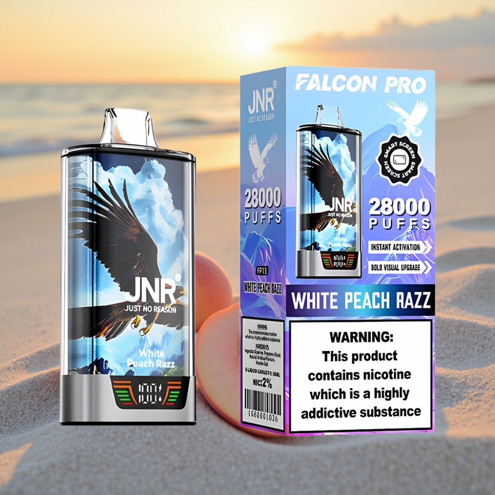 JNR Falcon Pro 28000 Vienreizējās lietošanas vape Baltā Persiku Rācenes, 30ml, 950mAh, 5% Nikotīns