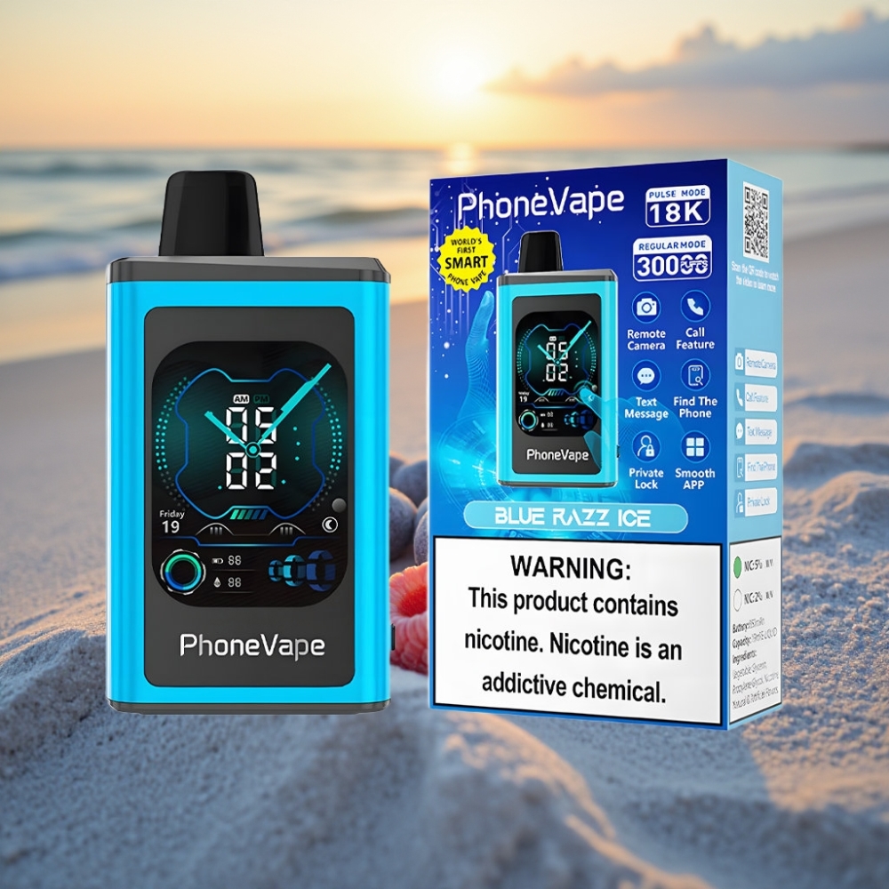 JNR PhoneVape 30000 puffs Vienreizējās lietošanas vape Zilā Aveņu Ledus, 850mAh, Type-C, Turbo, Apps, Zvana/SMS, Kamera