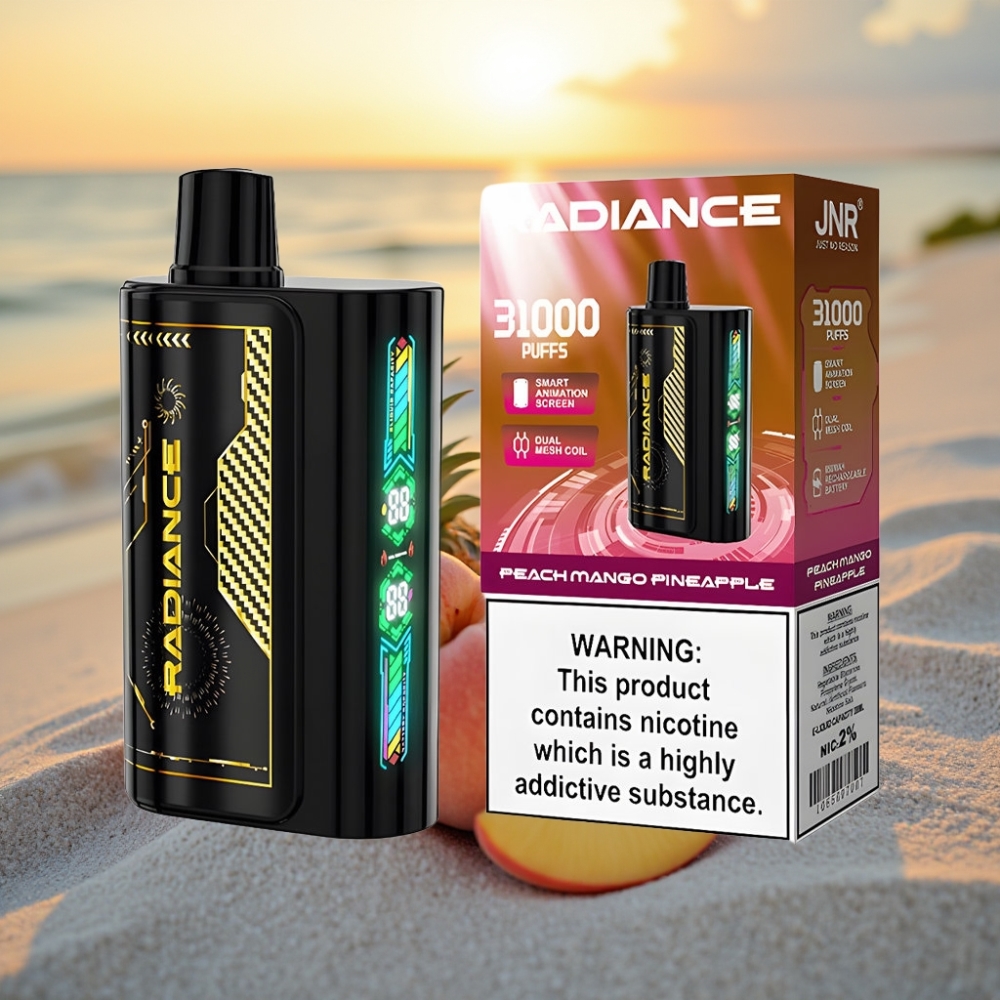 JNR Radiance 31000 Puffs Vienreizējās lietošanas vape PERSIKU MANGO ANANĀSS, 28ml, 950mAh, Type-C