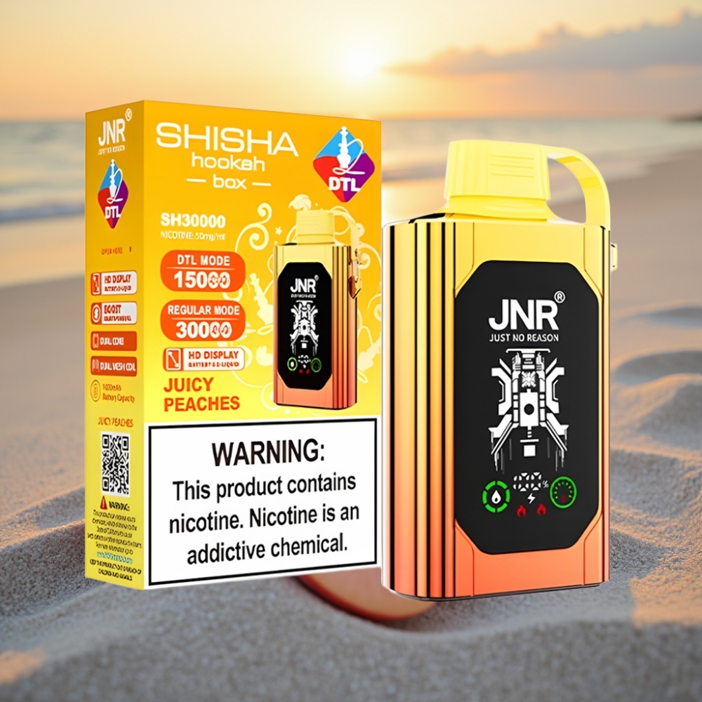JNR Shisha Hookah Box 20500 Puffs Vienreizējās lietošanas vape Sulu Persiki, HD Displejs, 1000mAh, 25ml, Dual Mesh Coil, Type-C