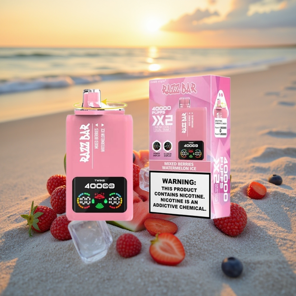Razz Bar 40000 Puffs Vienreizējās lietošanas vape JAUKTAS OGAS & ARBŪZU LEDUS, Power Screen, 1.0Ω×2, 650mAh, Type-C, 2%/5% Nikotīns