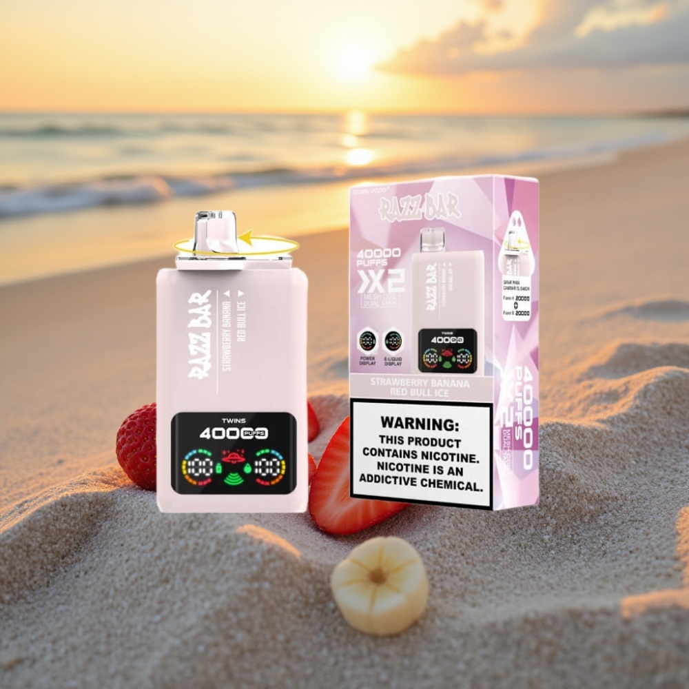 Razz Bar 40000 Puffs Vienreizējās lietošanas vape ZEMENEĻU BANĀNS & RED BULL LEDUS, Power Screen Display, 1.0Ω×2, 650mAh, Type-C