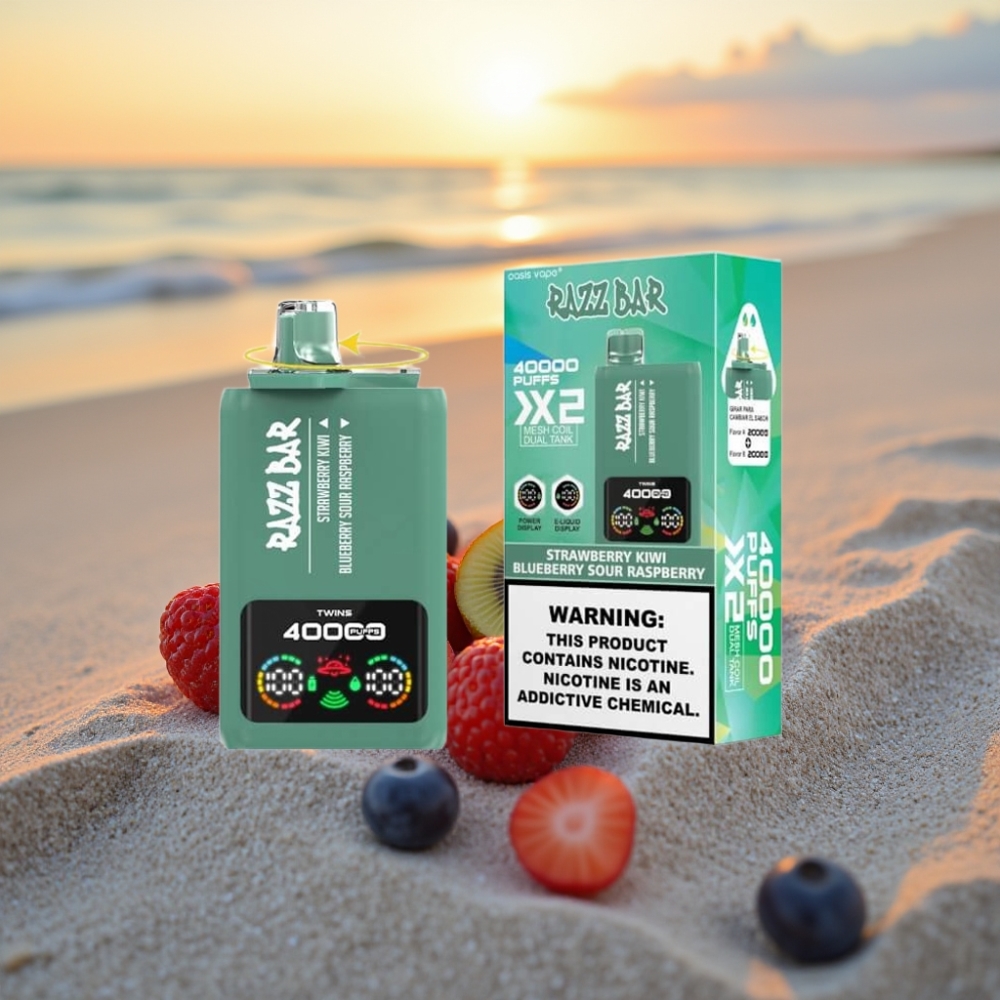 Razz Bar 40000 Puffs Vienreizējās lietošanas vape ZEMENEĶU KIWI & ZILĀ GAURA SKĀBĀ AVENE ar Power Screen, 1.0Ω×2, 650mAh, Type-C, 2%/5% nikotīns