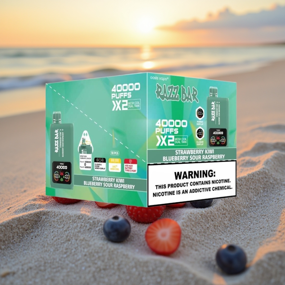 Razz Bar 40000 Puffs Vienreizējās lietošanas vape ZEMENEĶU KIWI & ZILĀ GAURA SKĀBĀ AVENE ar Power Screen, 1.0Ω×2, 650mAh, Type-C, 2%/5% nikotīns