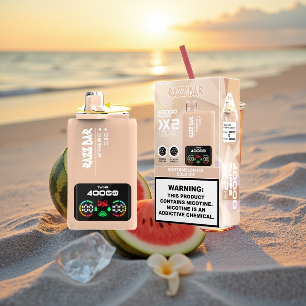 Razz Bar Vienreizējās lietošanas vape 40000 Pūti Ekrāns 1.0Ω×2 Mērslīdzis 650mAh USB-C ARBŪŽA LEDUS & KOLAS LEDUS 2%/5% Nikotīns
