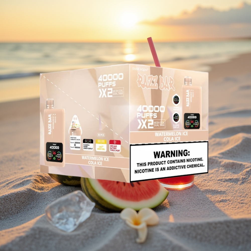 Razz Bar Vienreizējās lietošanas vape 40000 Pūti Ekrāns 1.0Ω×2 Mērslīdzis 650mAh USB-C ARBŪŽA LEDUS & KOLAS LEDUS 2%/5% Nikotīns
