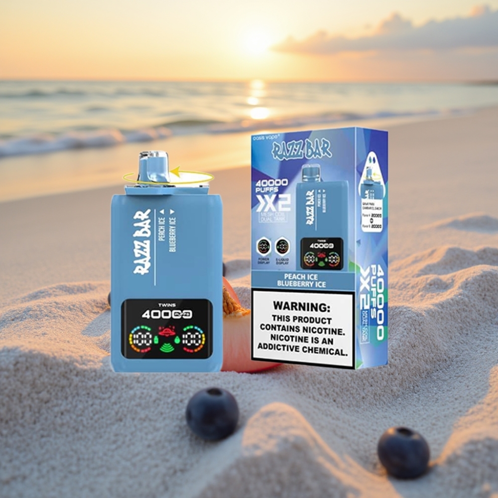 Razz Bar Vienreizējās lietošanas vape 40000 Puffs ar Ekrānu, Persiku Ledu & Zilo Ogļu Ledu, 650mAh, Type-C, 2%/5% Nikotīns