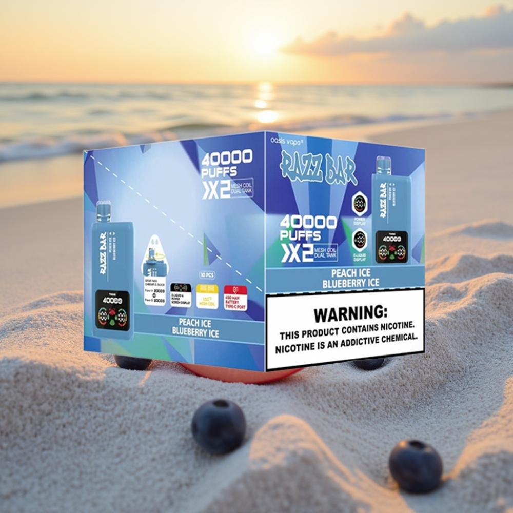 Razz Bar Vienreizējās lietošanas vape 40000 Puffs ar Ekrānu, Persiku Ledu & Zilo Ogļu Ledu, 650mAh, Type-C, 2%/5% Nikotīns