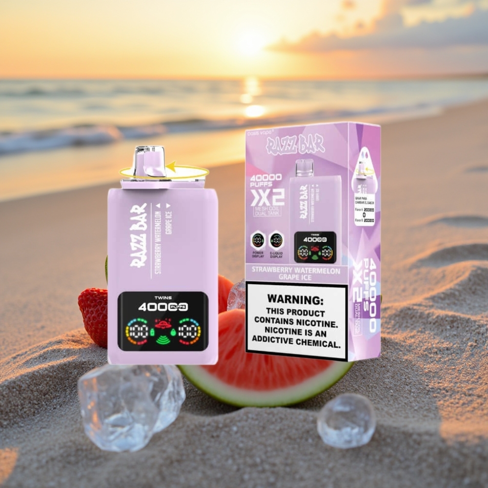Razz Bar Vienreizējās lietošanas vape 40000 Puffs ar Ekrānu ZEMENE ARBUZE & VĪNOGU LEDUS, 1.0Ω×2, 650mAh, Type-C