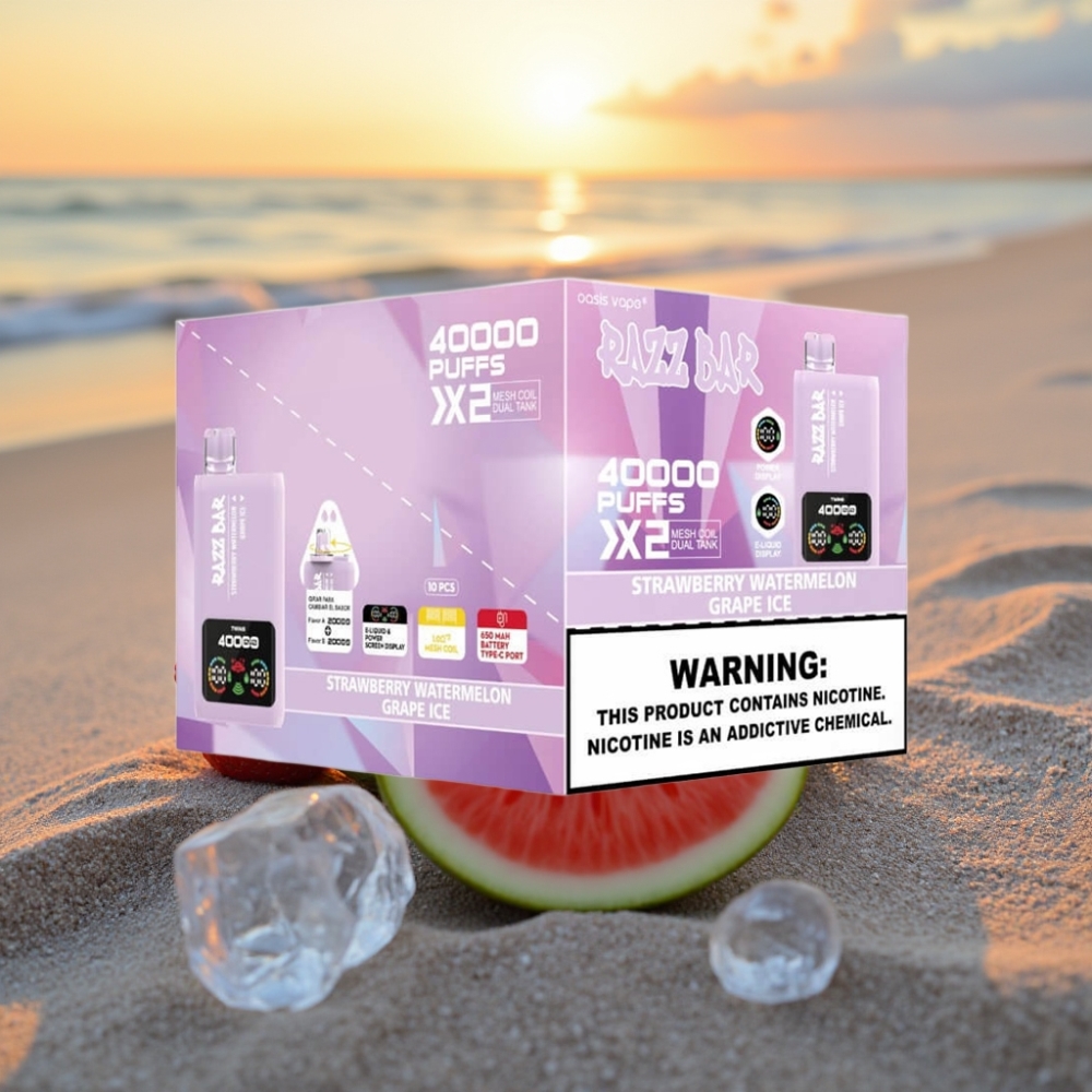 Razz Bar Vienreizējās lietošanas vape 40000 Puffs ar Ekrānu ZEMENE ARBUZE & VĪNOGU LEDUS, 1.0Ω×2, 650mAh, Type-C