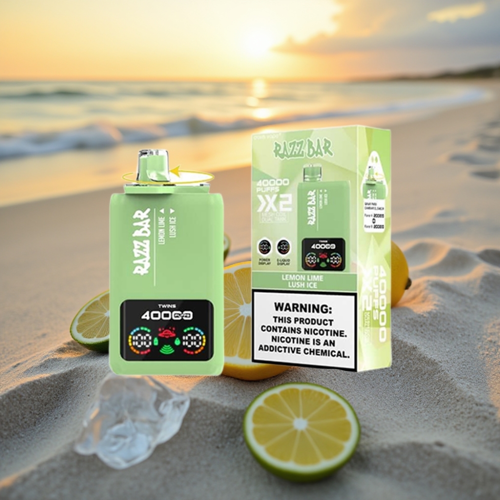 Razz Bar Vienreizējās lietošanas vape 40000 Puffs ar ekrānu, 1.0Ω×2 tinums, 650mAh, Type-C, 2%/5% nikotīns, CITRONA LAIMA & LEDUS AUSS