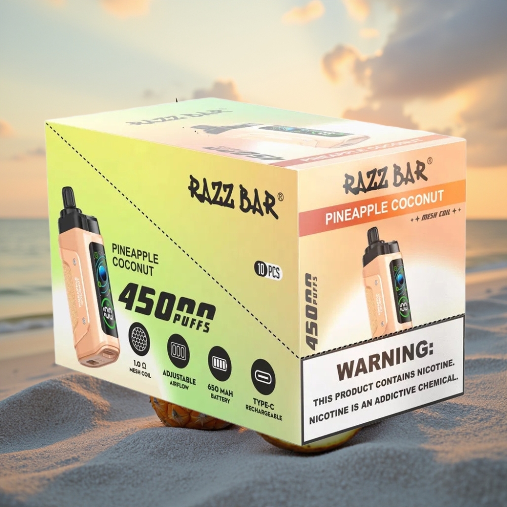 Razz Bar 45000 Puffs Vienreizējās lietošanas vape Ananāsu Kokosrieksts, 1.0 Ohm, Type-C, 20 mg/ml