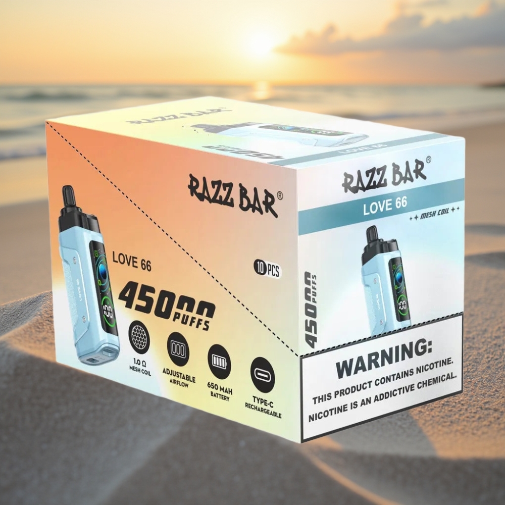 Razz Bar 45000 Puffs Vienreizējās lietošanas vape Mīlestība 66, 1.0 Ohm, Type-C, 20 mg/ml