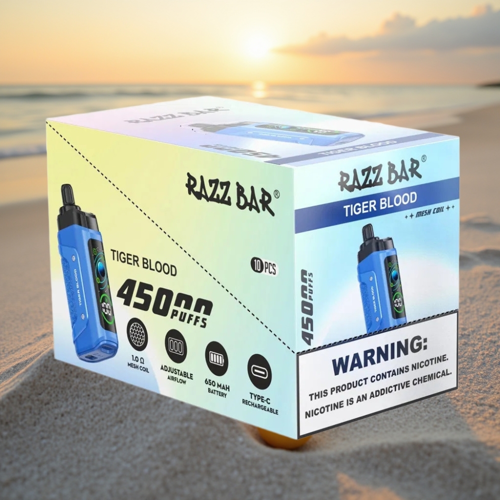Razz Bar 45000 Puffs Vienreizējās lietošanas vape Tigra Asinis ar 1.0 Ohm Mesh Coil un Type-C