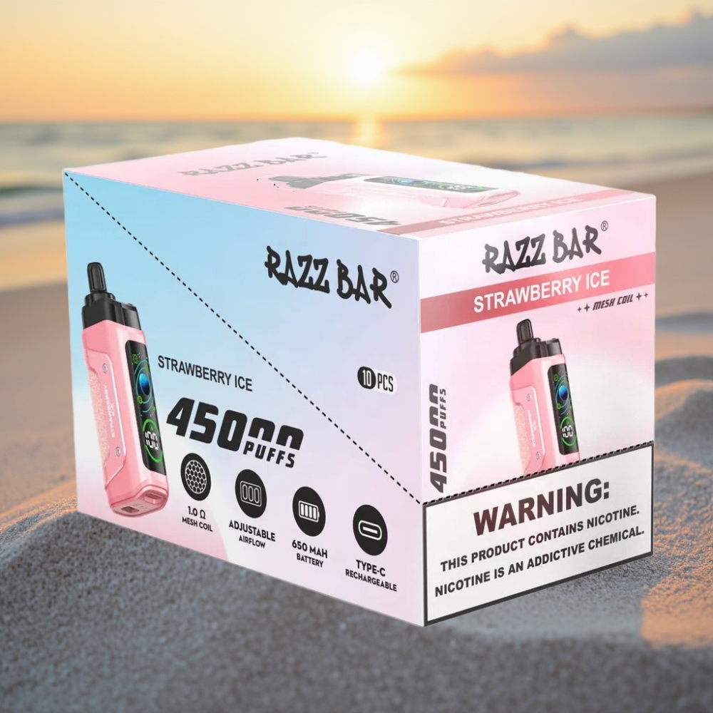 Razz Bar 45000 Puffs Vienreizējās lietošanas vape Zemeņu Ledus ar 1.0 Ohm Mesh Coil un Type-C