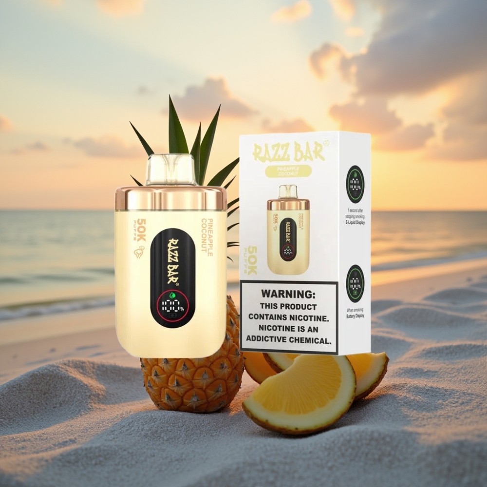 Razz Bar 50K Puffs Vienreizējās lietošanas vape Ananāsu Kokosrieksts, 1.0 Ohm, 650mAh, Type-C, 2% Nikotīna
