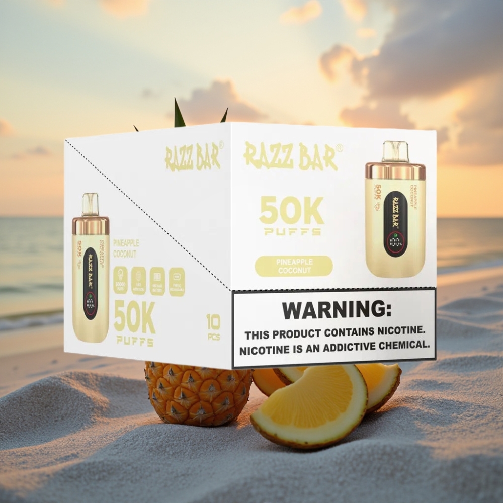 Razz Bar 50K Puffs Vienreizējās lietošanas vape Ananāsu Kokosrieksts, 1.0 Ohm, 650mAh, Type-C, 2% Nikotīna