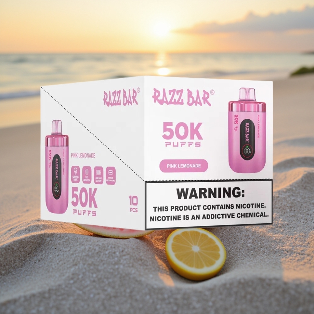 Razz Bar 50K Puffs Vienreizējās lietošanas vape Rozā Citronāde, 50000 Ievilcieni, 1.0 Ohm, 650mAh, Type-C, 2% Nikotīna