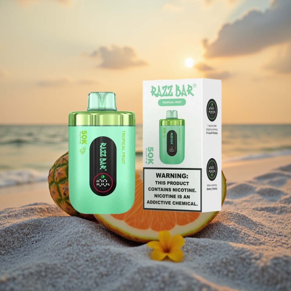 Razz Bar 50K Puffs Vienreizējās lietošanas vape Tropiskie Augļi, 1.0 Ohm, 650mAh, Type-C, 2% Nikotīna