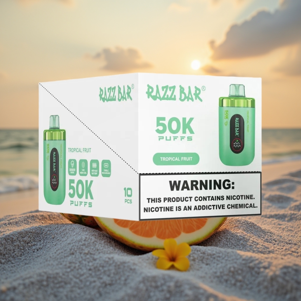 Razz Bar 50K Puffs Vienreizējās lietošanas vape Tropiskie Augļi, 1.0 Ohm, 650mAh, Type-C, 2% Nikotīna