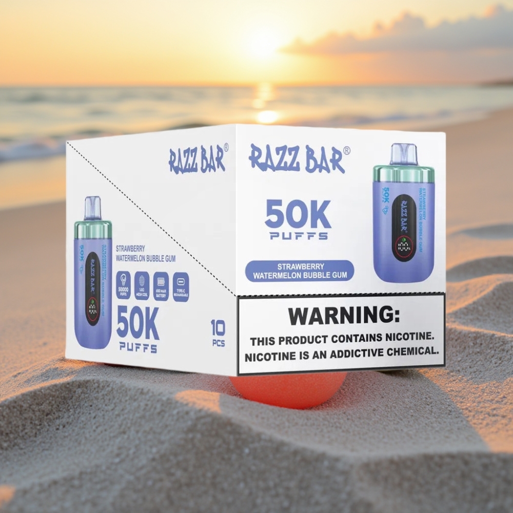 Razz Bar 50K Puffs Vienreizējās lietošanas vape Zemeņu Arbūza Sapņu Gumija, 50000 Puffs, 1.0 Ohm, 650mAh, Type-C, 2% Nikotīns
