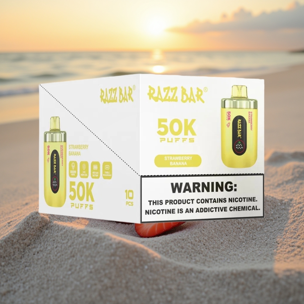 Razz Bar 50K Puffs Vienreizējās lietošanas vape Zemeņu Banāns, 1.0 Ohm, 650mAh, Type-C, 2% Nikotīna