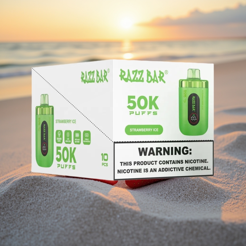 Razz Bar 50K Puffs Vienreizējās lietošanas vape Zemeņu Ledus 50000 Puffs, 1.0 Ohm, 650 mAh, Type-C, 2% Nikotīns