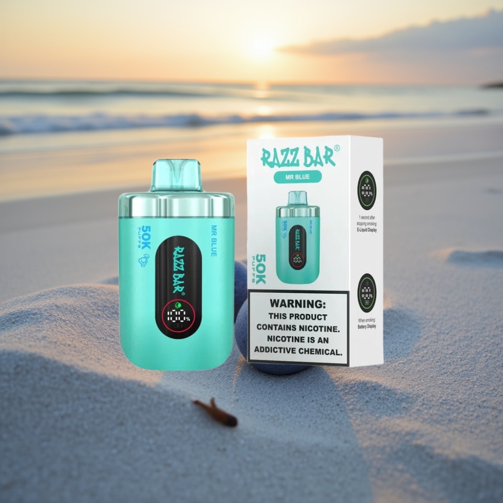 Razz Bar 50K Puffs Vienreizējās lietošanas vape Zilais (Mr Blue) – 50000 Iekšpūsu, 1.0 Ohm, 650mAh, Type-C, 2% Nikotīna