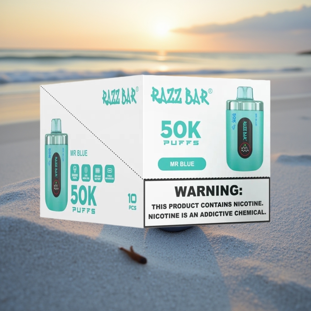 Razz Bar 50K Puffs Vienreizējās lietošanas vape Zilais (Mr Blue) – 50000 Iekšpūsu, 1.0 Ohm, 650mAh, Type-C, 2% Nikotīna