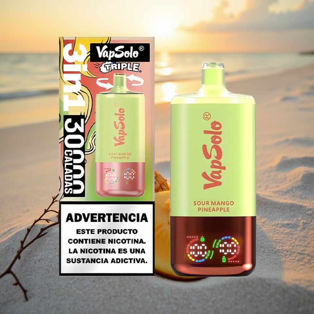 VapSolo Triple 30000 Puffs Vienreizējās lietošanas vape Skābs Mango Ananāss, 40ml, 3 tvertnes, Type-C
