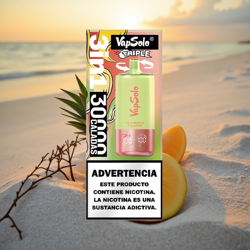 VapSolo Triple 30000 Puffs Vienreizējās lietošanas vape Skābs Mango Ananāss, 40ml, 3 tvertnes, Type-C